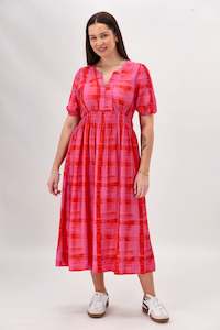 Gloss The Label Caughey Gather V Neck Detail Dress Pink Red Check