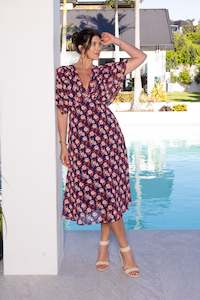 Gloss The Label Jordyn Empire Line Dress Blue Red Floral