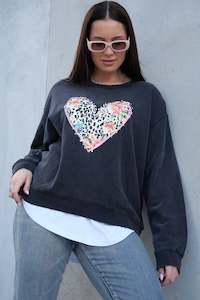 Rebel Club Leopard Dreams Heart Crew Washed Black