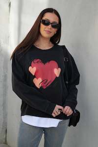 Hoodies Crews: Rebel Club Double Heart Crew Washed Black