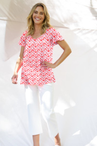 25 Sale: Betty Basics Coral Shirred Tee Blossom Print