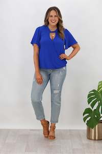 25 Sale: Gloss by Shine On Maria Crossover Front High Neck Blouse Cobalt