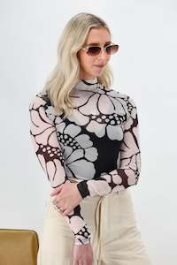 Sale Tops: Minkpink Persephone Mesh Skivvy Top Black - Floral