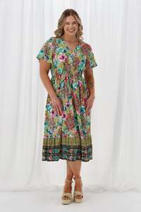 Victorias Favourites: Sunday Boho Kate Flutter Sleeve Dress With Buttons Sage Floral Peacock Print