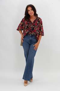 25 Sale: Gloss The Label Tihana Frill Neck Blouse Black and Cranberry Floral