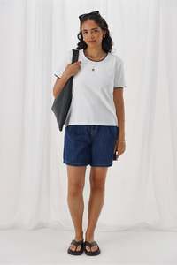 Sale Tees: Shine On Label Romina Blanket Stitch Tee White w Navy Stitch