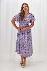 Gloss The Label Khyla Ladder Lace Dress Blue Watercolour Print