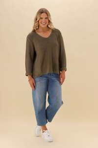 Silver Wishes Roll Up Sleeve Knit Top Khaki