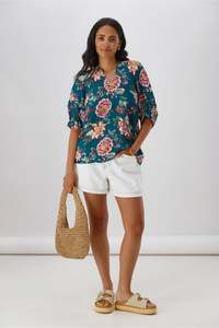 Sale Tops: Sunday Boho Asia Puff Sleeve Top Teal Floral