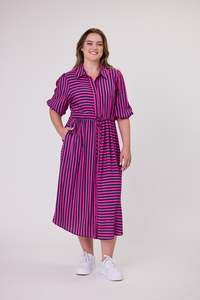 All Dresses: Sunday Boho Melanie Midi Dress Fuchsia Navy Stripe