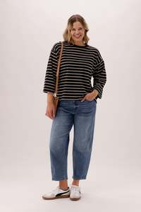 Best Sellers: Shine On Essentials 3/4 Relaxed Tee Black and Natural Stripe