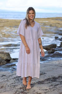 Shine On label Linen Blend Sown Tiered Dress Mocha Stripe
