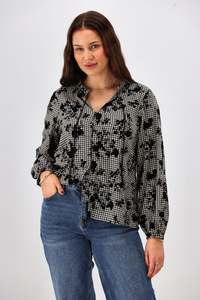 Sale Tops: Shine On Label Gio Button Front Top Flocked Check
