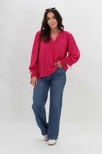 Sale Tops: Sunday Boho Morgan Lace Yoke Sleeve Tie Top Fuchsia Pink