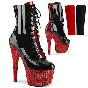 Pole Dance Boots: BEJEWELED-1020FH-7 Black-Red Patent/Red Rhinestones