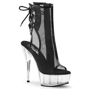 Pole Dance Ankle Boots: DELIGHT-1018MSH Black Patent -Mesh/Clear