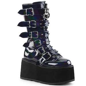 Festival Rave Footwear: DAMNED-225 Black Hologram Mid-Calf Boots