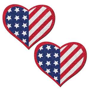 Pastease: Love: Glittering Patriotic USA Red, White & Blue, Stars & Stripes Heart Nipple Pasties