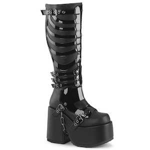 Alternative Knee High Boots: CAMEL-235 Black Vegan Leather-Patent