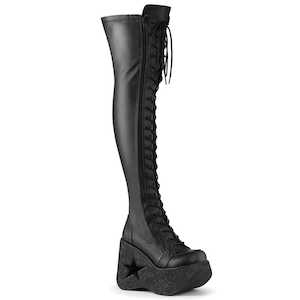 Alternative Thigh High Boots: DYNAMITE-300 Black Stretch Vegan Leather