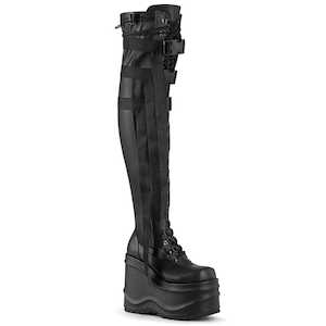 Alternative Thigh High Boots: WAVE-315 Black Stretch Vegan Leather