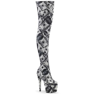 Pole Dance Thigh High Boots: ADORE-3000DP White-Black Stretch Fabric/White-Black Fabric