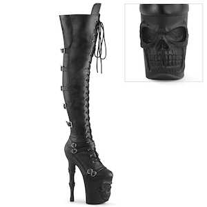 Pole Dance Thigh High Boots: RAPTURE-3045 Black Faux Leather-Stretch Faux Leather/Black Matte