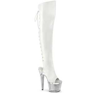 Pole Dance Thigh High Boots: SPECTATOR-3019 White Faux Leather/Clear-Silver Chrome