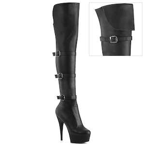 Pole Dance Thigh High Boots: DELIGHT-3018 Black Stretch Faux Leather/Black Matte