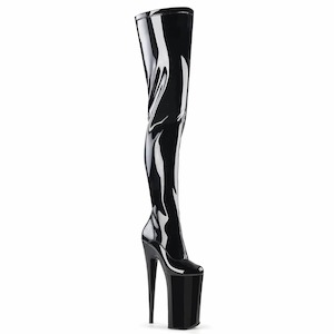 Pole Dance Crotch Chap Boots: BEYOND-4000 Black Stretch Patent/Black