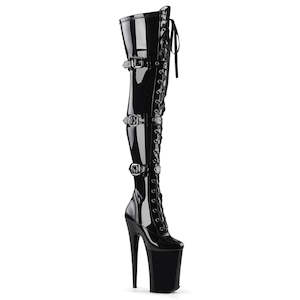 Pole Dance Thigh High Boots: INFINITY-3028 Black Stretch Patent/Black