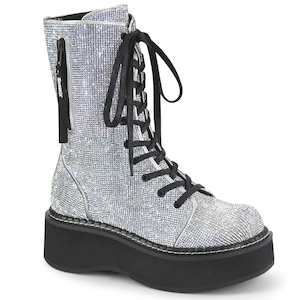 Alternative Mid Calf Boots: EMILY-362 Silver Vegan Leather-Rhinstone