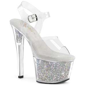 Crystal Clackers: SKY-308RSI Clear/Clear-Silver AB RS Platform Heels