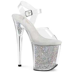 Crystal Clackers: FLAMINGO-808RSI Clear/Clear-Silver AB RS Platform Heels