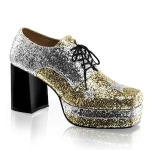 Gansters Retro Costume Shoes: GLAMROCK-02 Silver-Gold Glitter