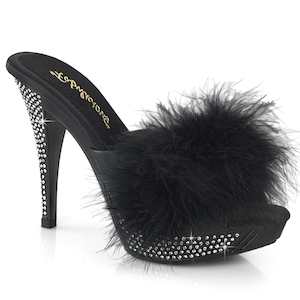Retro Inspired Sandals Slippers: ELEGANT-401F Black Marabou-Faux Leather/Black