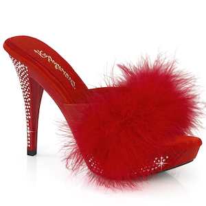 Retro Inspired Sandals Slippers: ELEGANT-401F Red Marabou-Faux Leather/Red