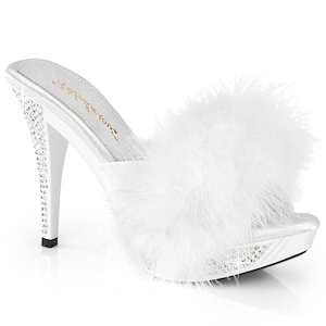 Retro Inspired Sandals Slippers: ELEGANT-401F White Marabou-Faux Leather/White