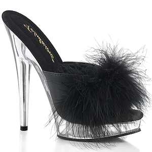 SULTRY-601F Black Pu-Marabou Fur/Clear