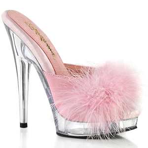 Retro Inspired Sandals Slippers: SULTRY-601F Baby Pink Pu-Marabou Fur/Clear