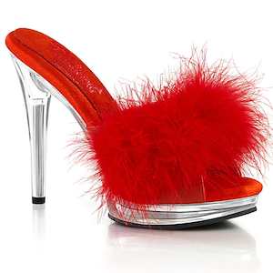Retro Inspired Sandals Slippers: GLORY-501F-8 Red Faux Leather-Fur/Clear
