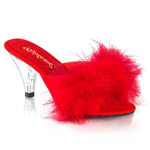 Retro Inspired Sandals Slippers: BELLE-301F Red Pu-Fur/Clear