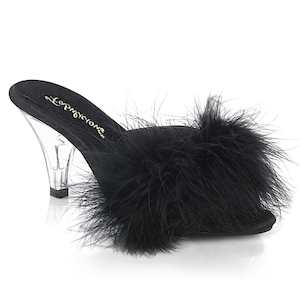 Retro Inspired Sandals Slippers: BELLE-301F Black Pu-Fur/Clear