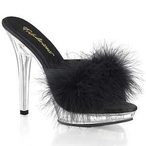 Retro Inspired Sandals Slippers: LIP-101-8 Black Satin-Fur/Clear