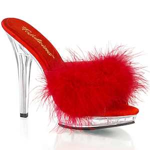 Retro Inspired Sandals Slippers: LIP-101-8 Red Satin-Fur/Clear