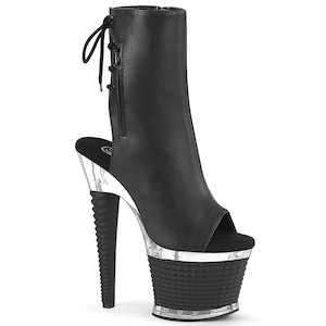 Pole Dance Ankle Boots: SPECTATOR-1018 Black Faux Leather/Clear-Black Matte