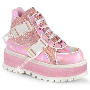 Alternative Ankle Boots: SLACKER-50 Baby Pink Hologram graphic Patent -Pink Multi Glitter