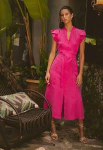 OnceWas Athena Cupro Viscose Flutter Sleeve Dress - Celosia Pink