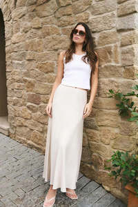 199 Under: RE:UNION Label Lagos Natural Linen Floaty Bias Cut Maxi Skirt