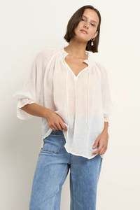Among The Brave Expedition Ramie Shirred Neck Short Sleeve Top - Ivory